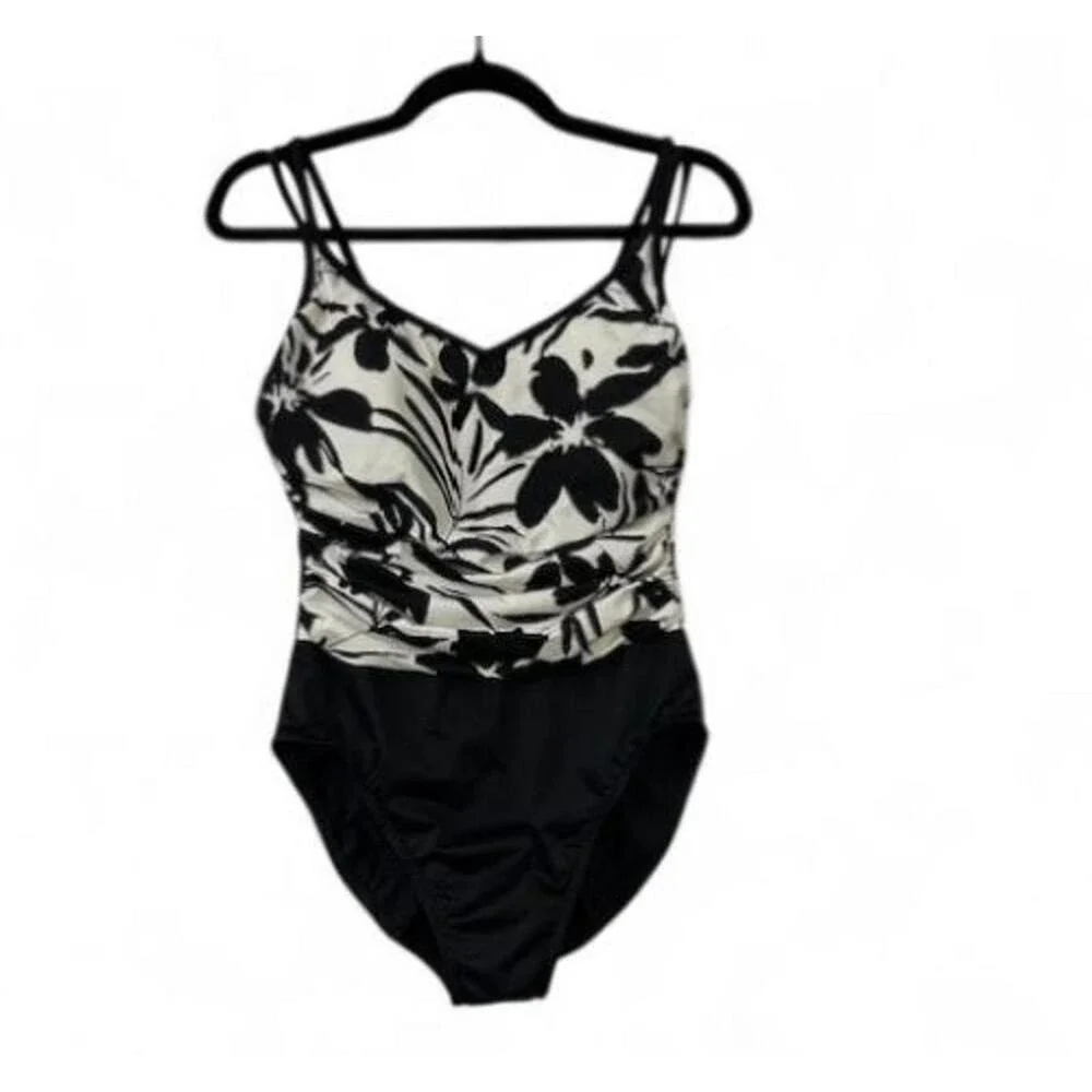 Swimslimmer Black/White Floral One-Piece Bathing‎ Suit 10 Tummy Control